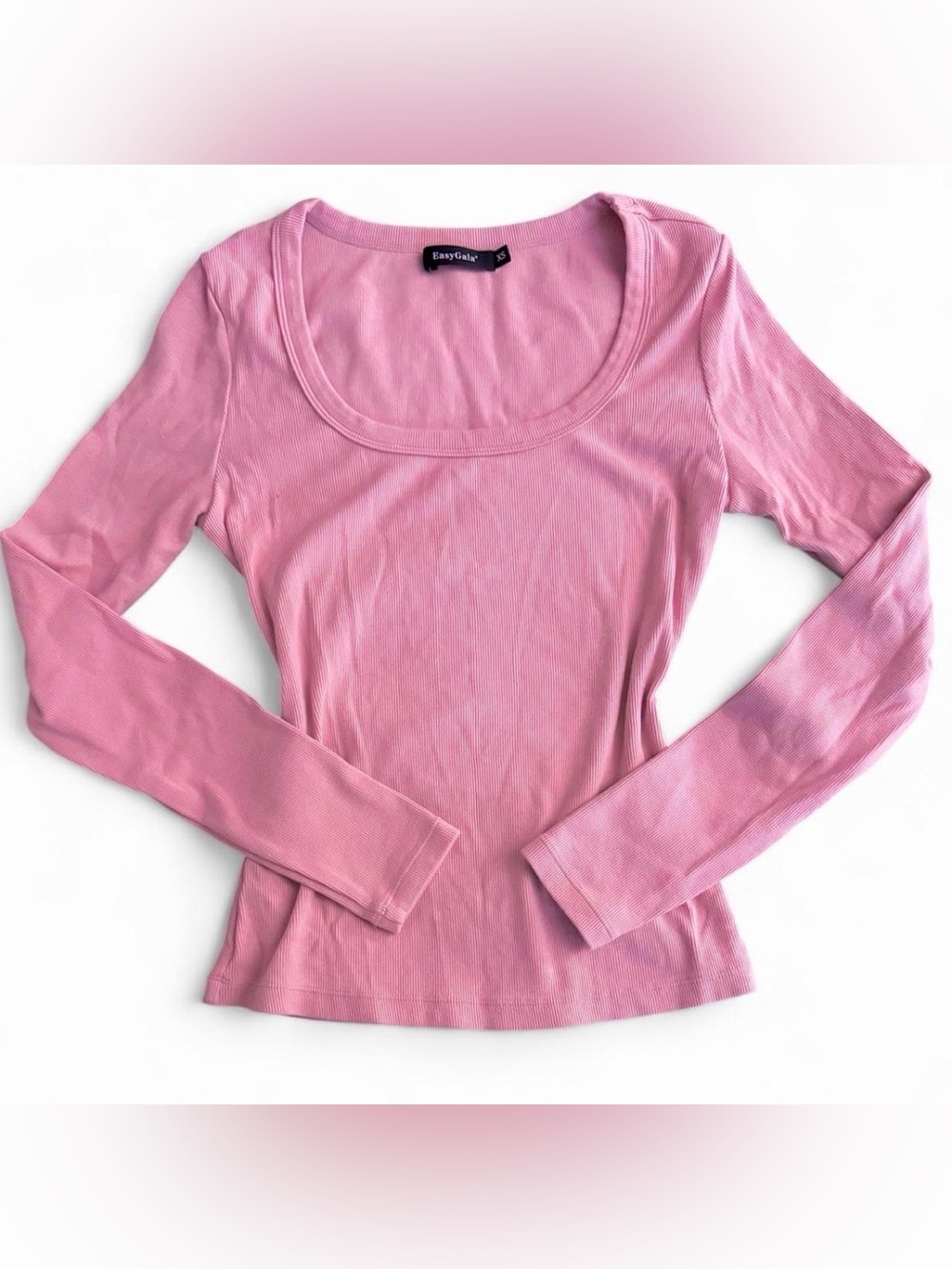 Pink Ribbed Scoop Neck Long Sleeve Fitted Top Size XS